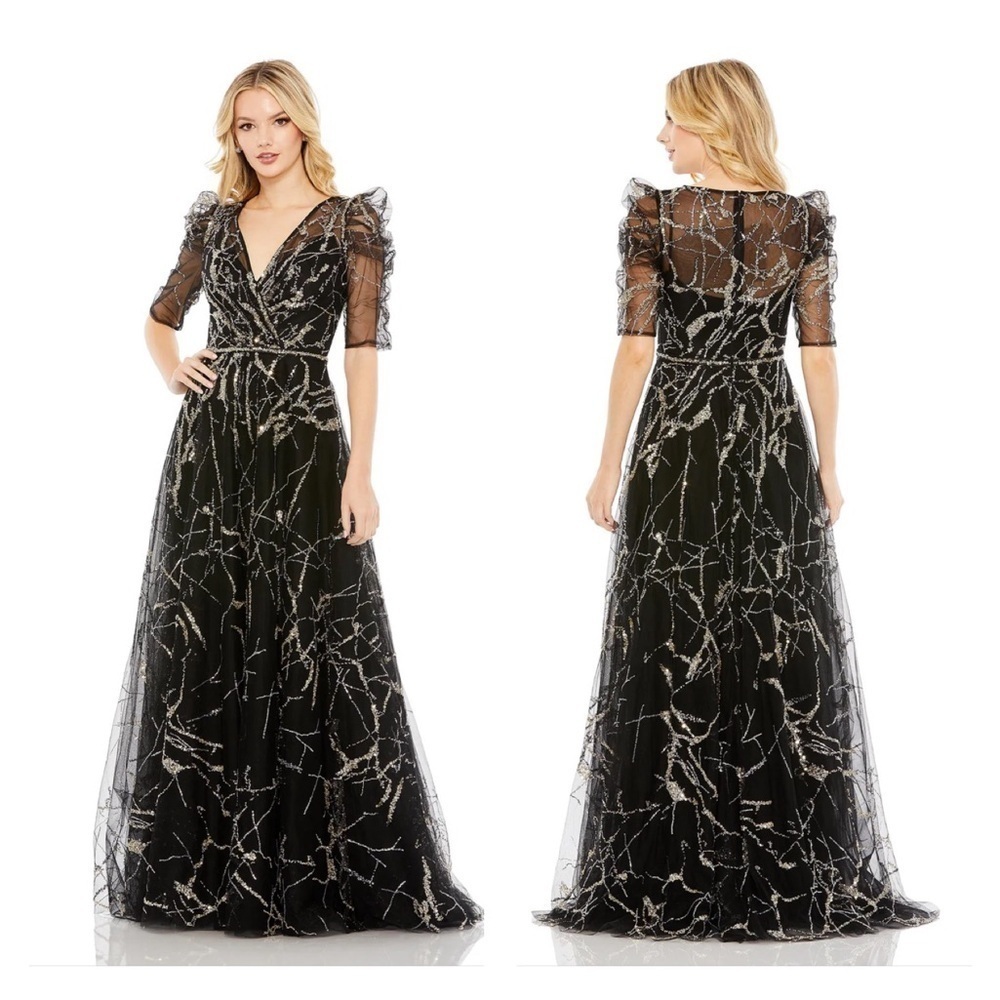 Mac Duggal 20428 NWT EMBELLISHED GATHERED PUFF SLEEVE FAUX WRAP GOWN